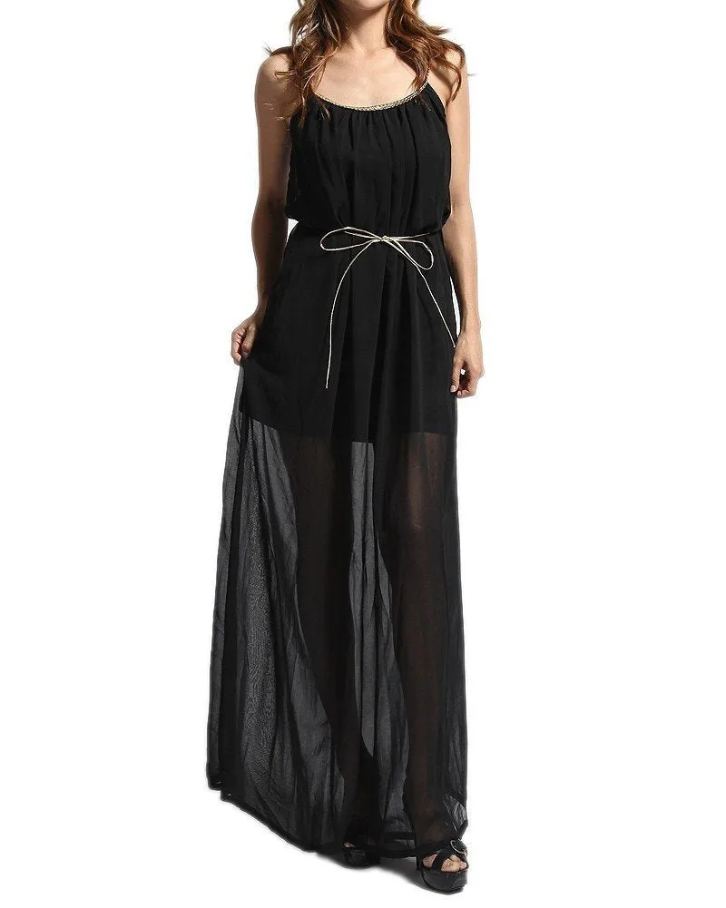 Hollywood Star Fashion Women's Boho Gold Trim Strap Chiffon Maxi Shimmery Dress