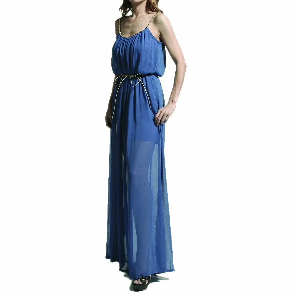Hollywood Star Fashion Women's Boho Gold Trim Strap Chiffon Maxi Shimmery Dress