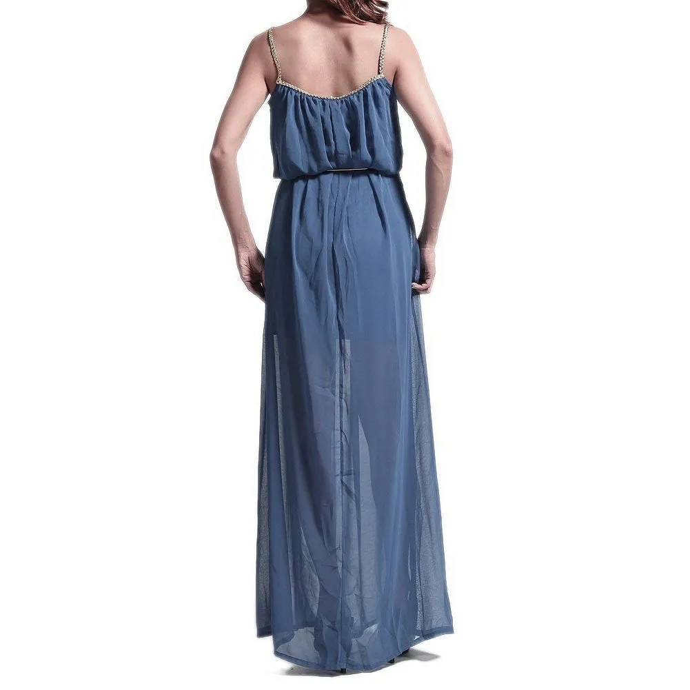 Hollywood Star Fashion Women's Boho Gold Trim Strap Chiffon Maxi Shimmery Dress