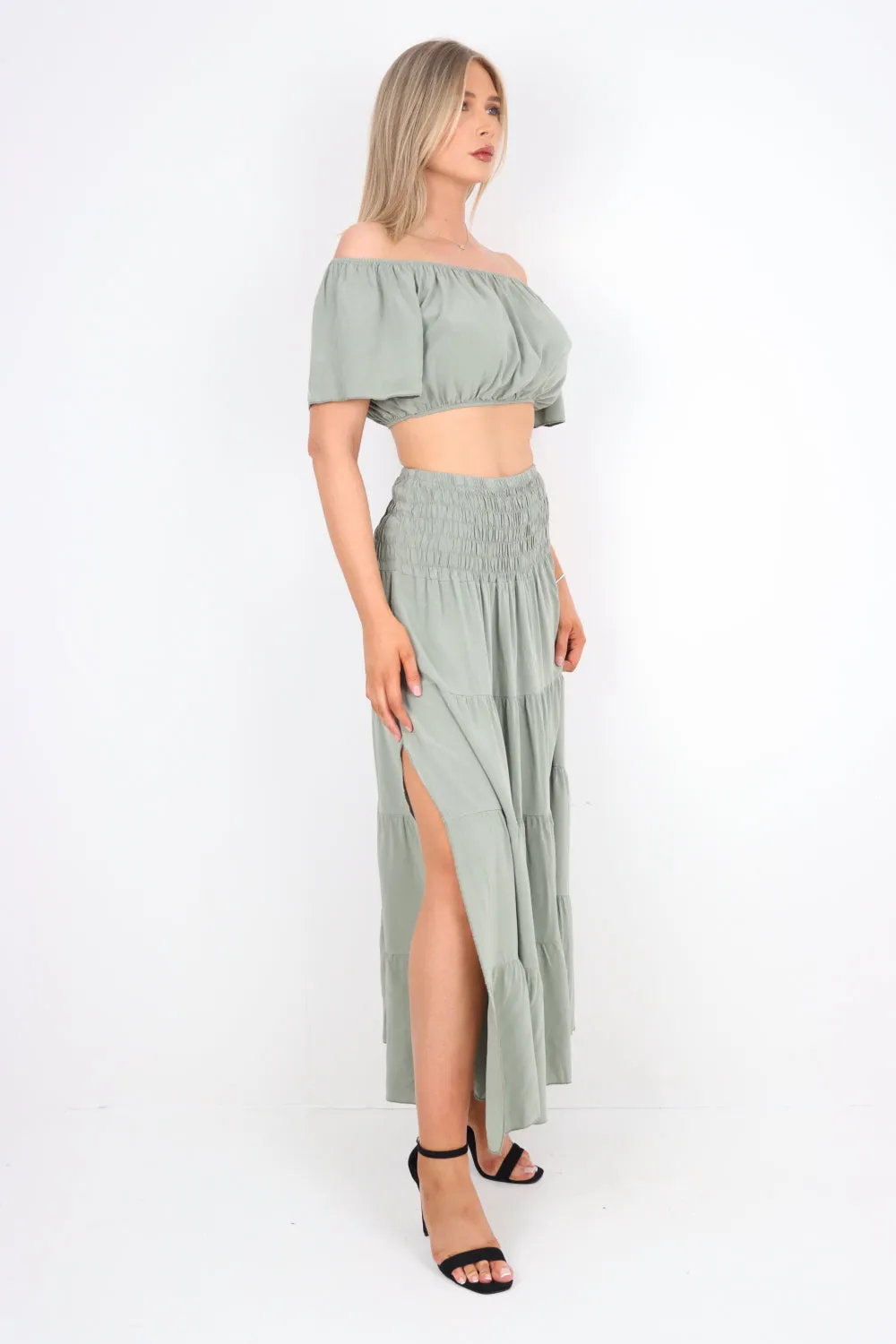 Italian Bardot Crop Top and Maxi Skirt Set