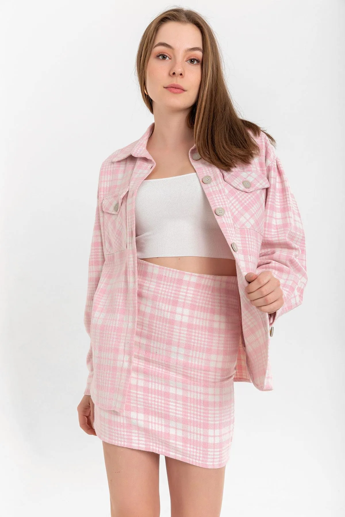 KKT Lumberjack Fabric Tight Fit Striped Mini Skirt - Pink - Ulm