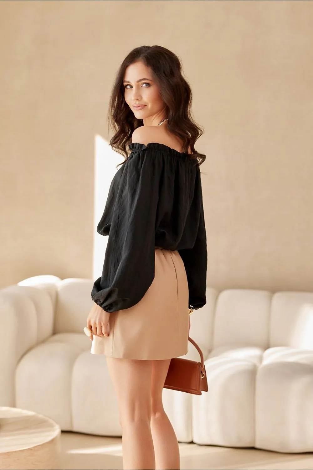 Leather-like material short trapeze skirt