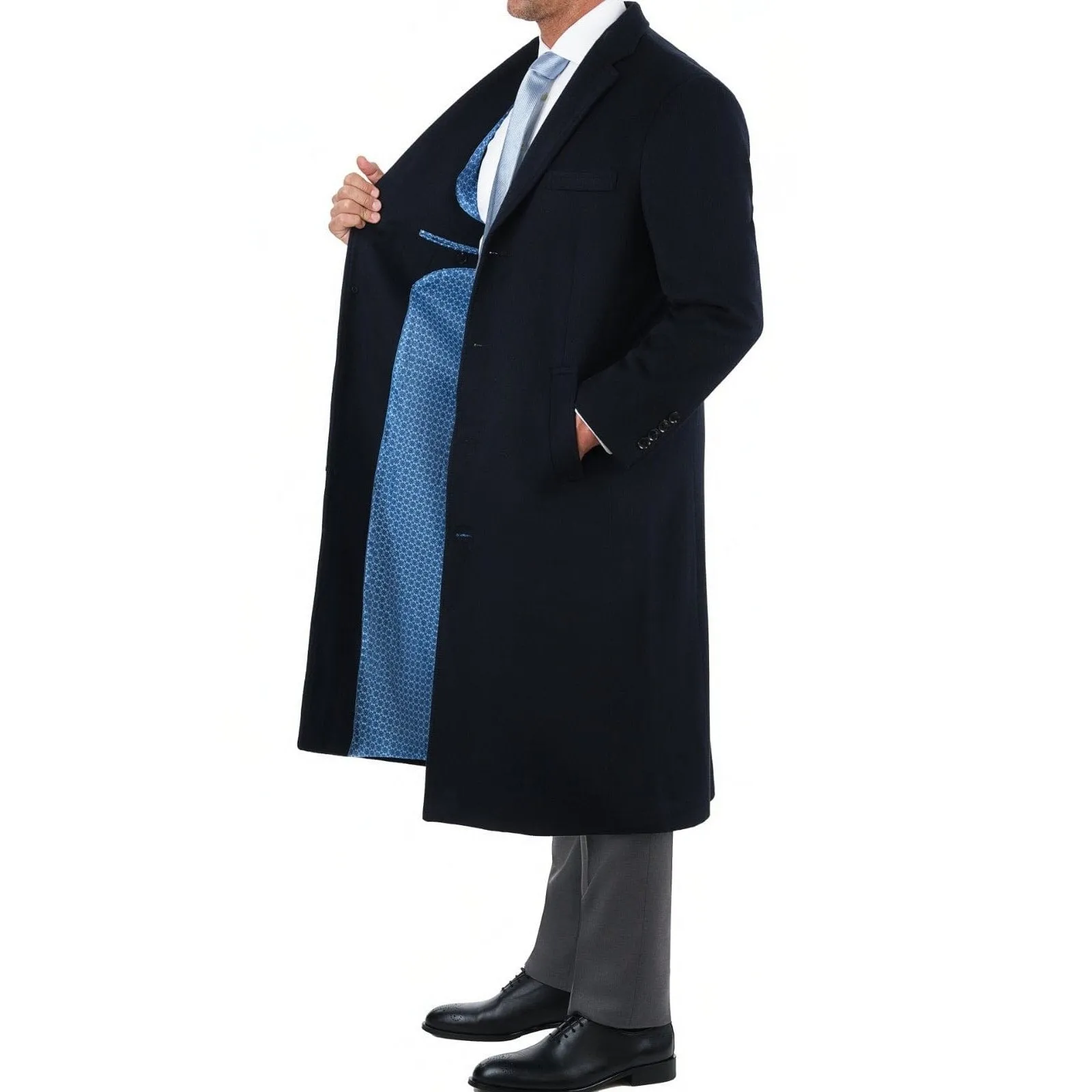 Men's Regular Fit Navy Blue Full Length Wool Cashmere Overcoat Topcoat