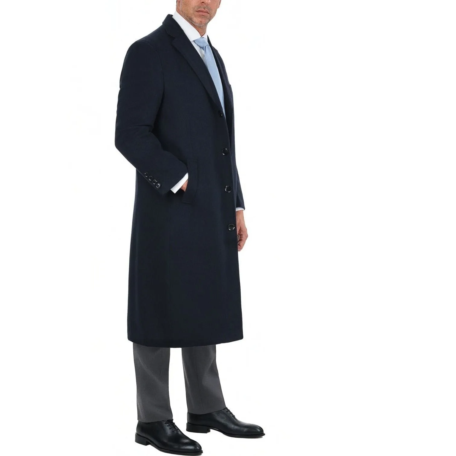 Men's Regular Fit Navy Blue Full Length Wool Cashmere Overcoat Topcoat