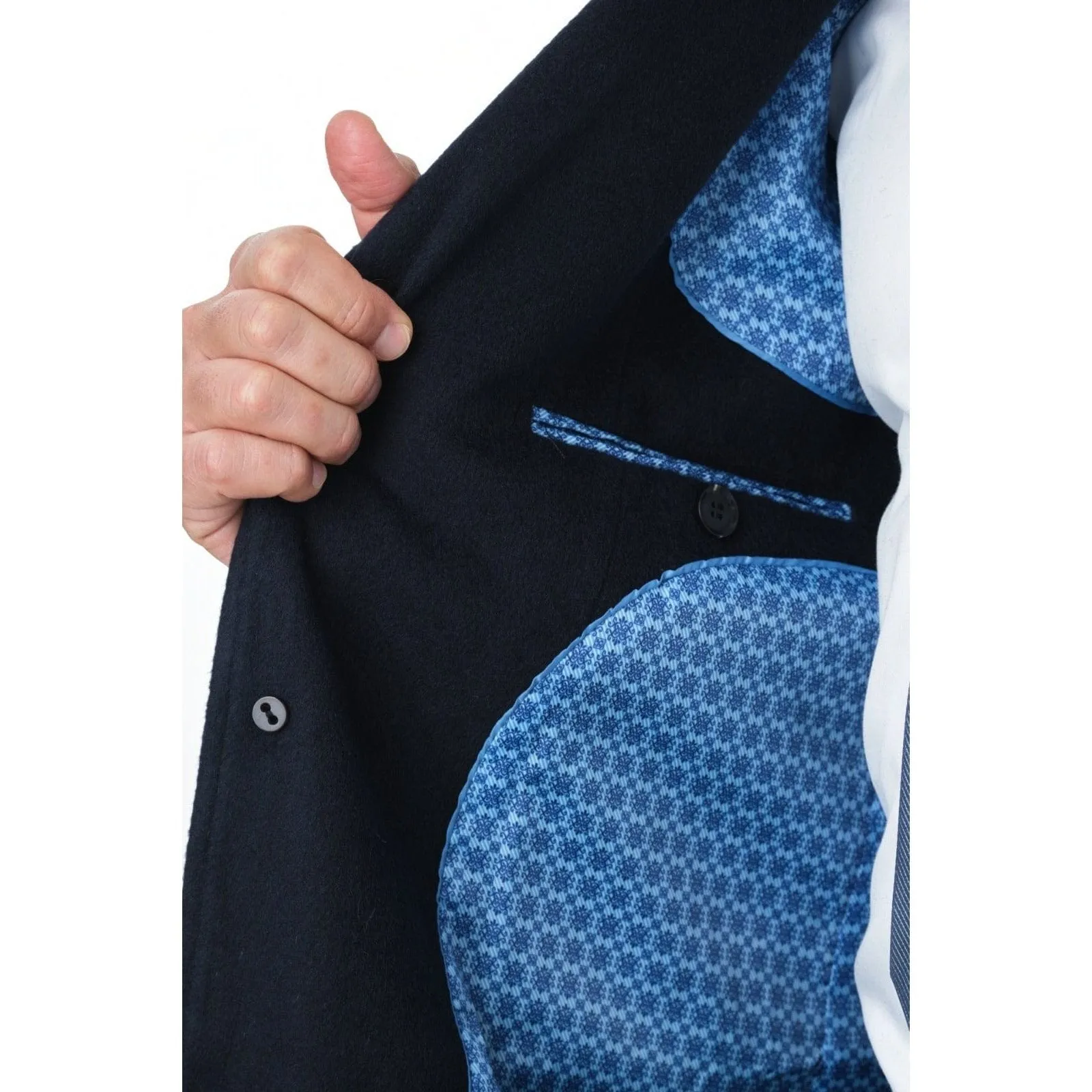 Men's Regular Fit Navy Blue Full Length Wool Cashmere Overcoat Topcoat