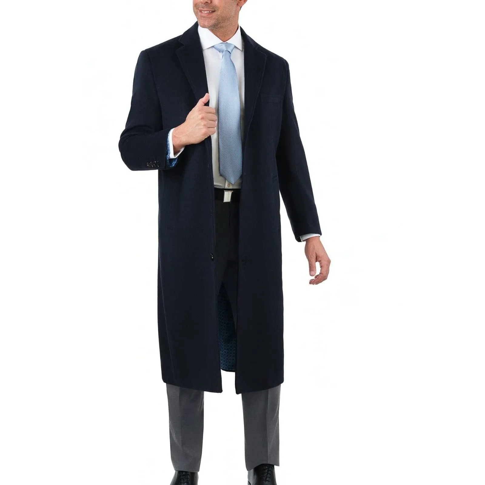 Men's Regular Fit Navy Blue Full Length Wool Cashmere Overcoat Topcoat