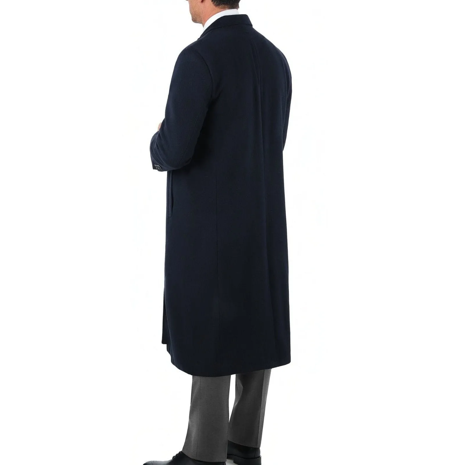 Men's Regular Fit Navy Blue Full Length Wool Cashmere Overcoat Topcoat