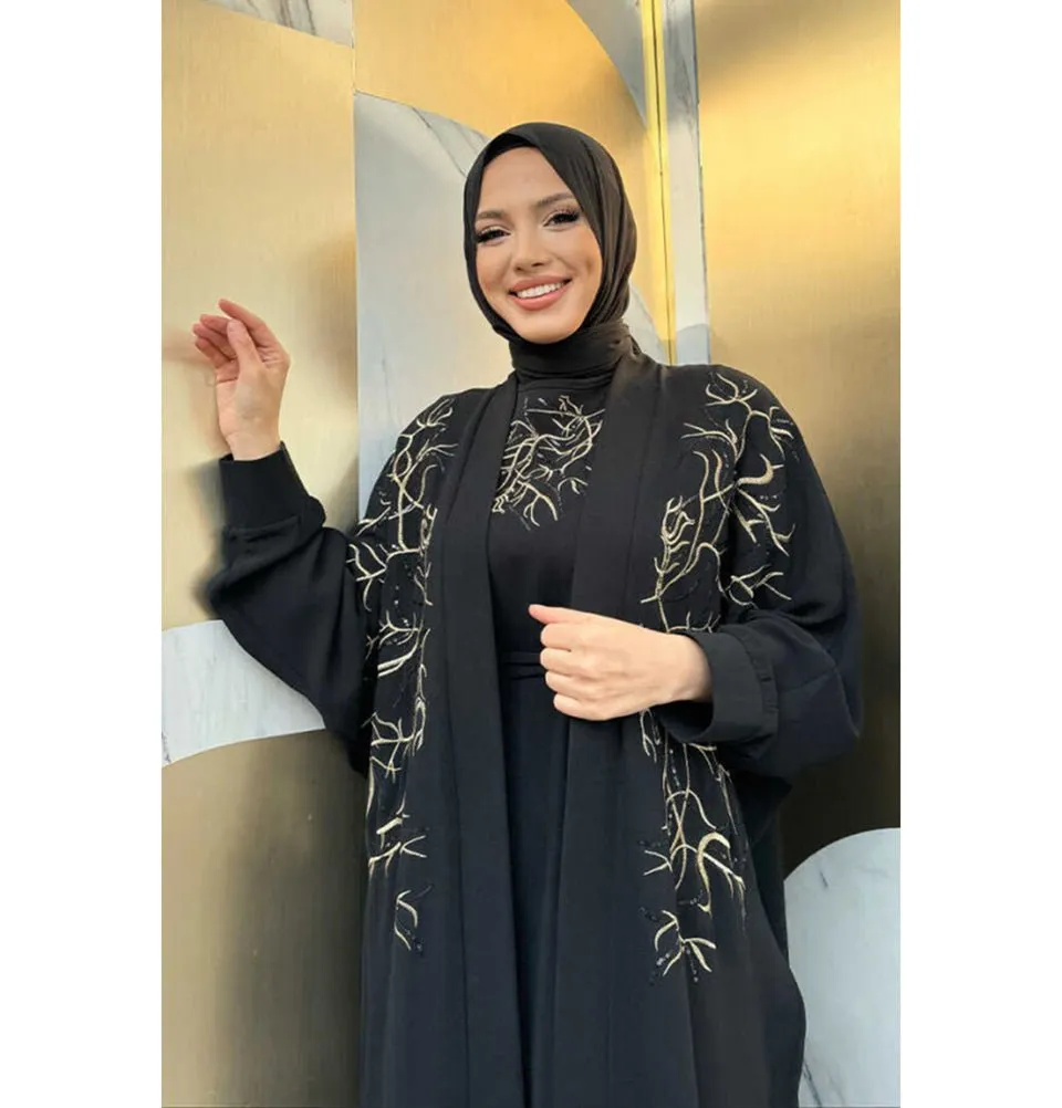 Modest Muslim Woman's Embroidered Golden Roots 2 Piece Abaya - 8486 Black