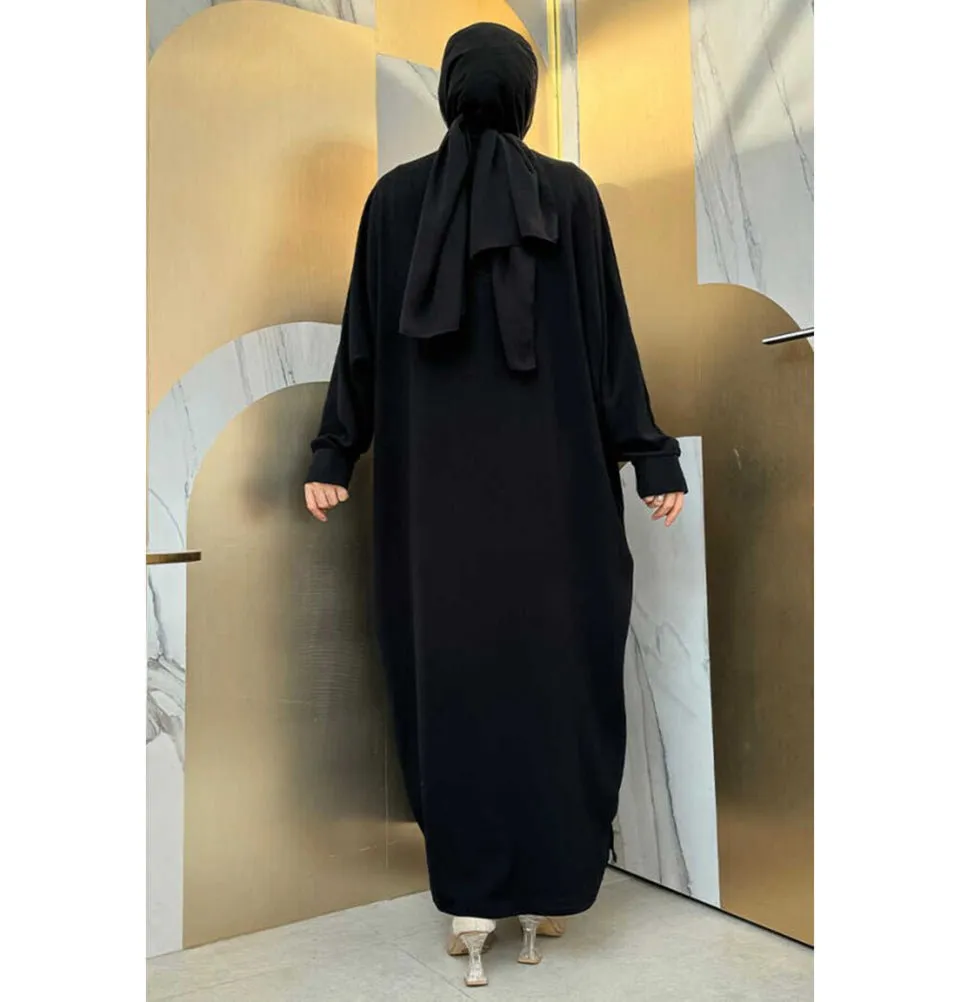 Modest Muslim Woman's Embroidered Golden Roots 2 Piece Abaya - 8486 Black