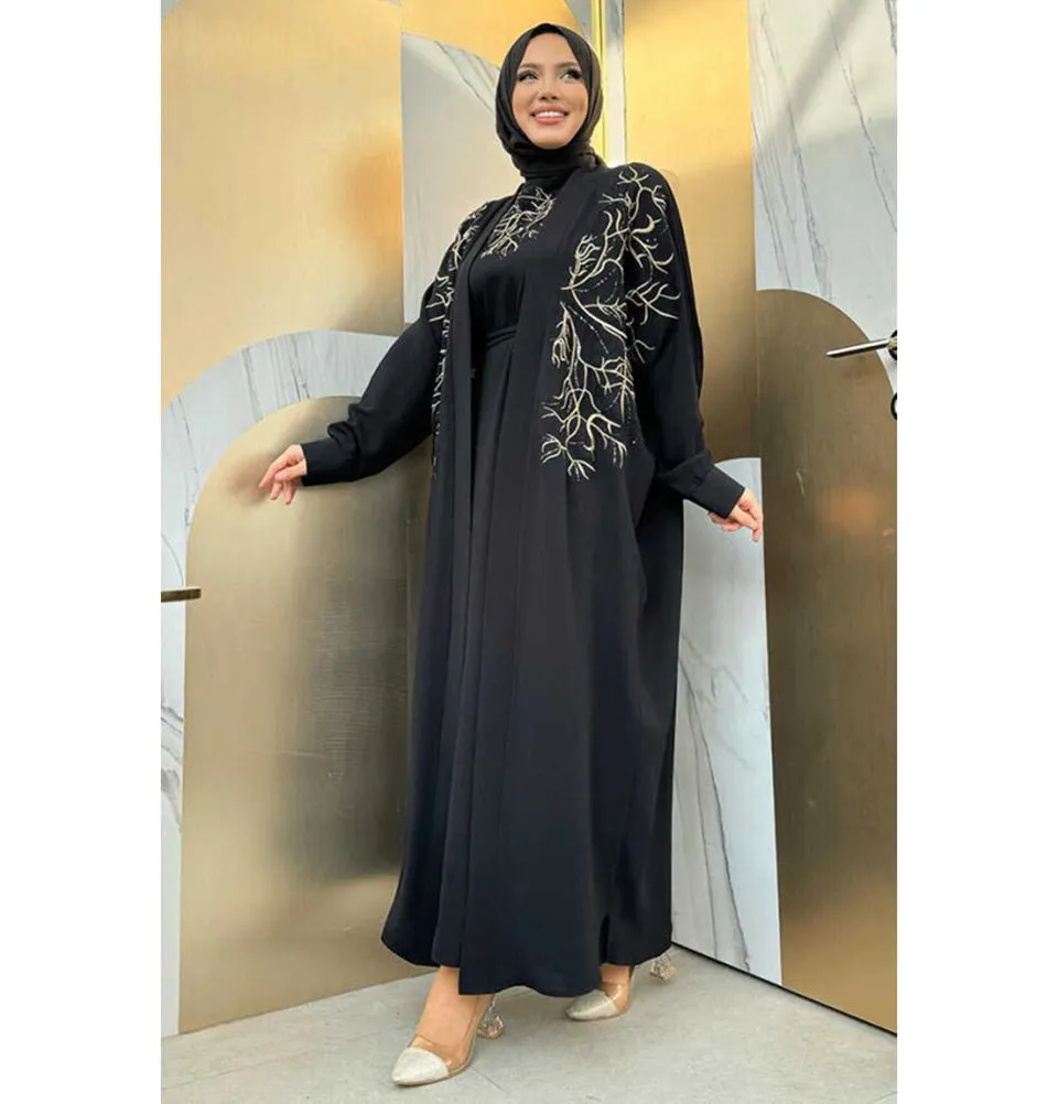 Modest Muslim Woman's Embroidered Golden Roots 2 Piece Abaya - 8486 Black