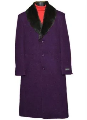 Moscow: MEN'S FUR COLLAR DARK PURPLE 3 BUTTON SINGLE BREASTED WOOL FULL LENGTH OVERCOAT