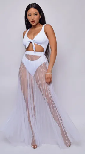 Palmaria White Pleated Sheer Tulle Maxi Cover-up Skirt