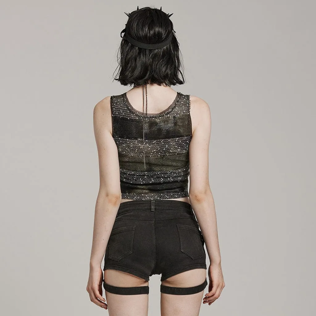 Punk Sheer Striped  Mesh Top