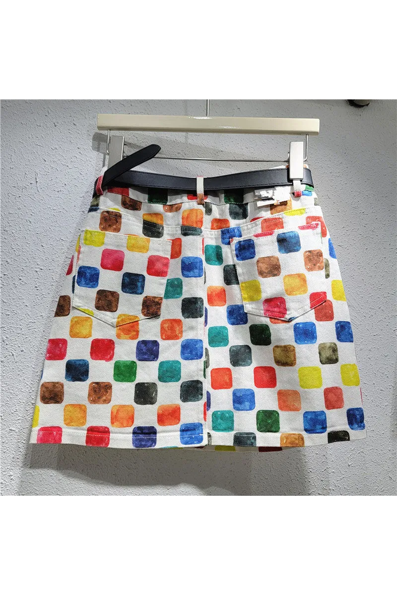 QM0187 Checker Denim Skirt