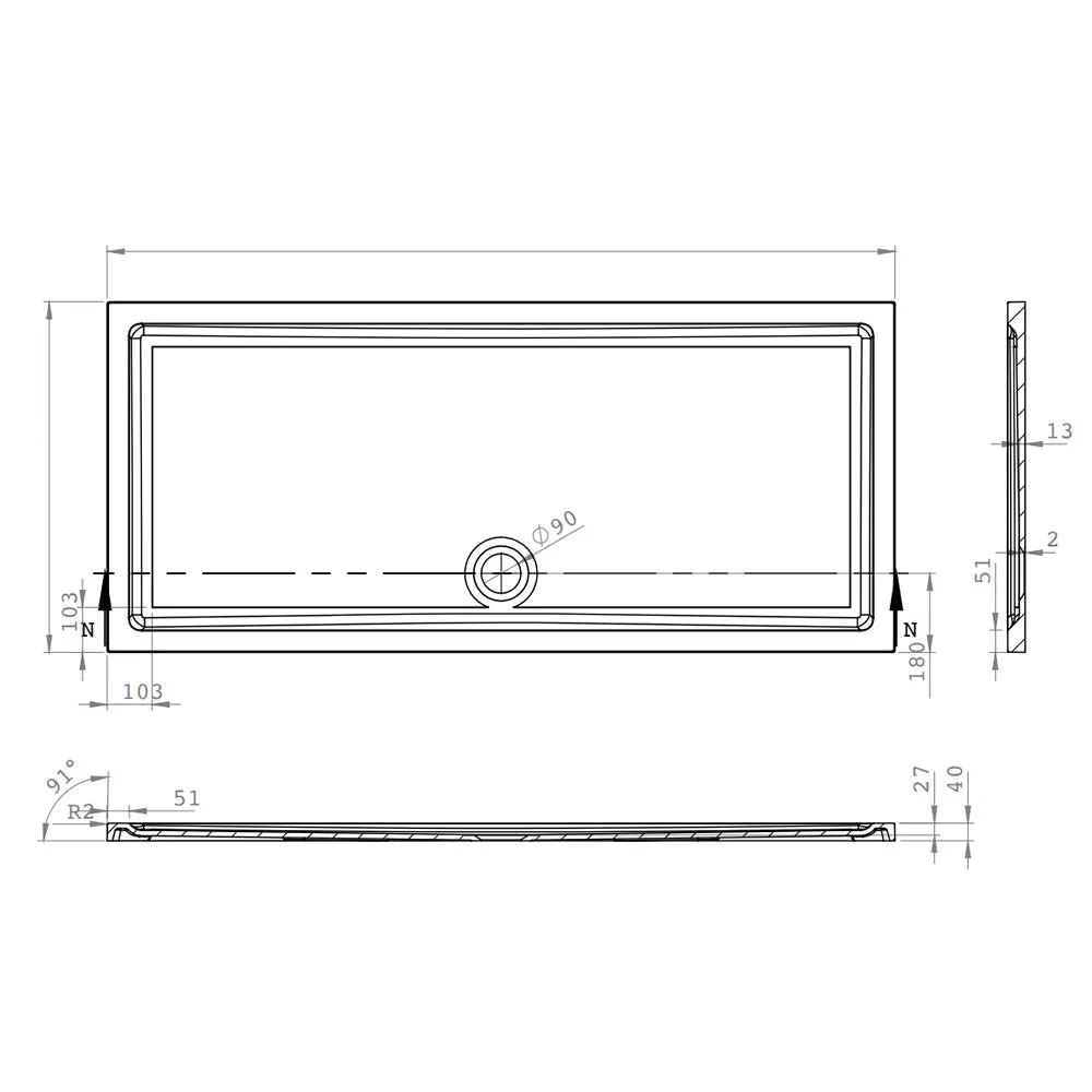 Roman Stone Solid Surface Anti Slip Shower Tray - 1700 x 700 x 40mm