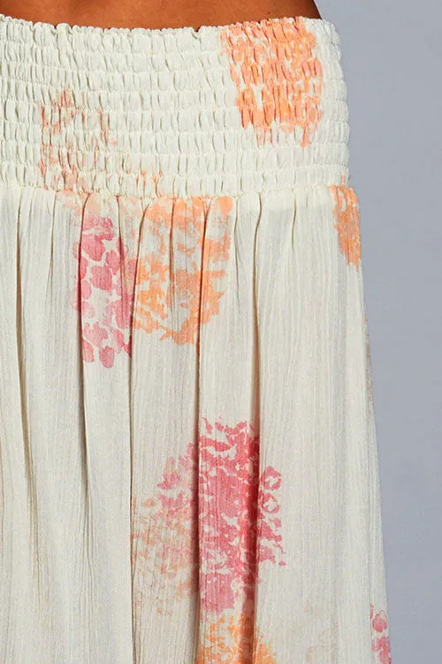 Smocked Waist Skirt in Printed Crinkle Rayon Gauze
