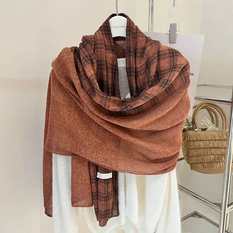 Soft Spring Linen Splicing Checked Thin Scarf
