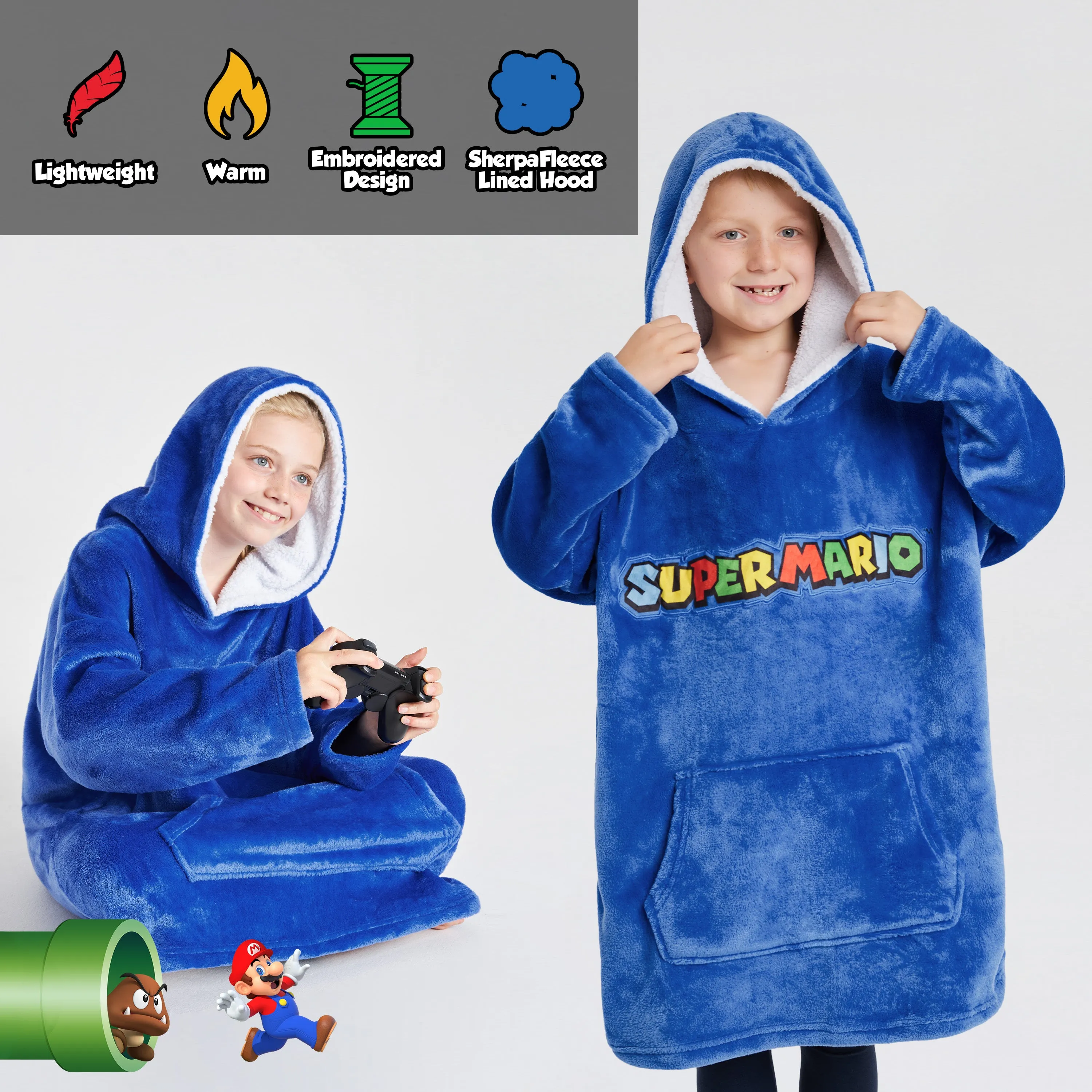 Super Mario Blue Hoodie For Boys, Fleece Oversized Hoodie Blanket for Kids