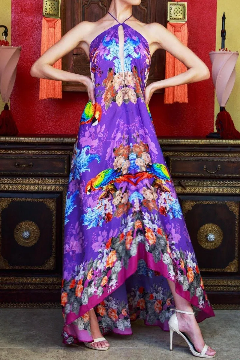 Tropical Bird Print Plunge Dress