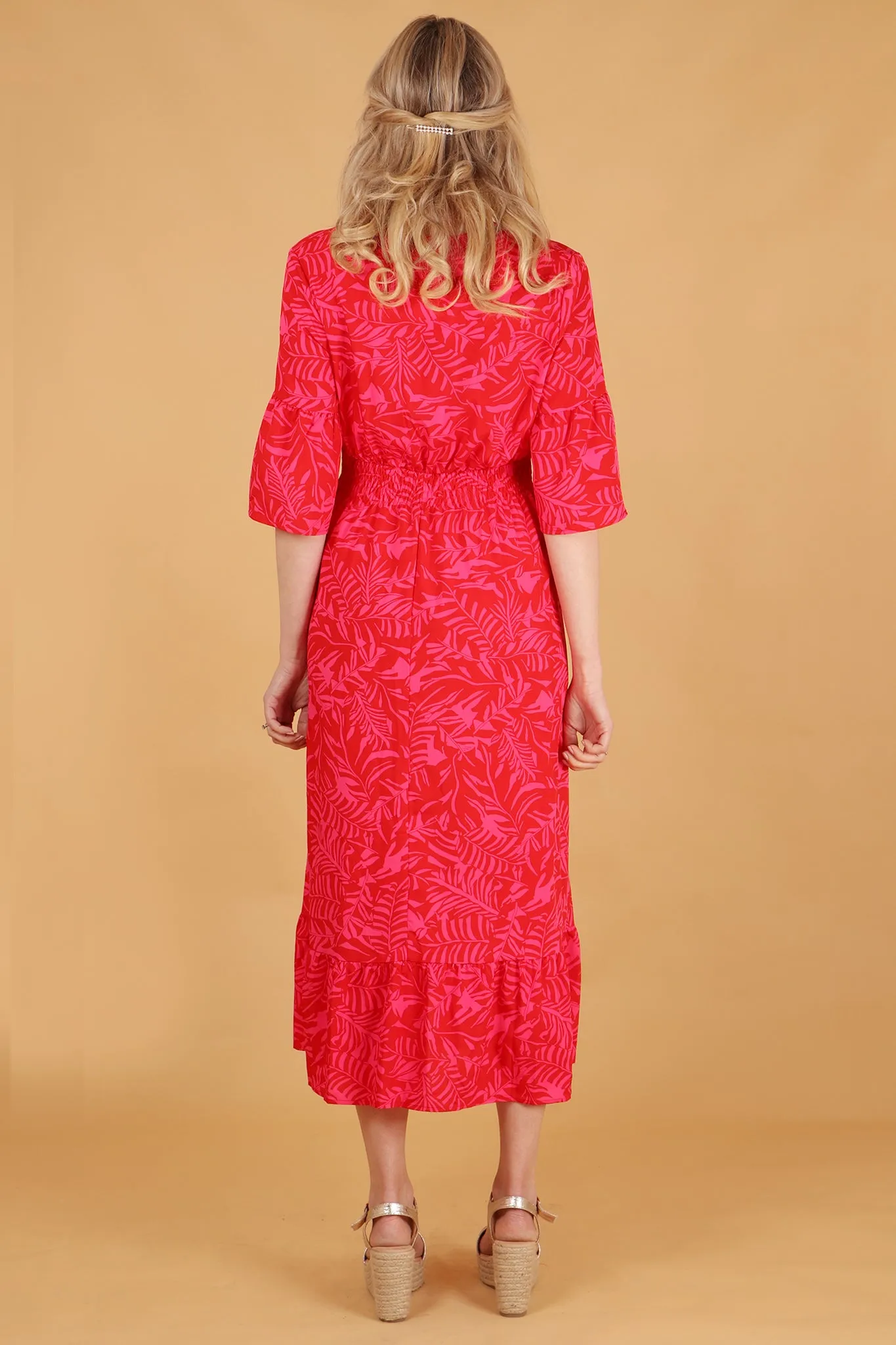 Tropical Leaf Print V-Neck Shirred Maxi Dress with Fluted Sleeves in Red