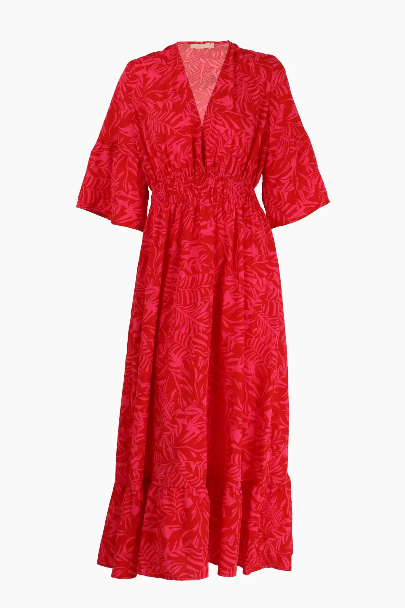 Tropical Leaf Print V-Neck Shirred Maxi Dress with Fluted Sleeves in Red