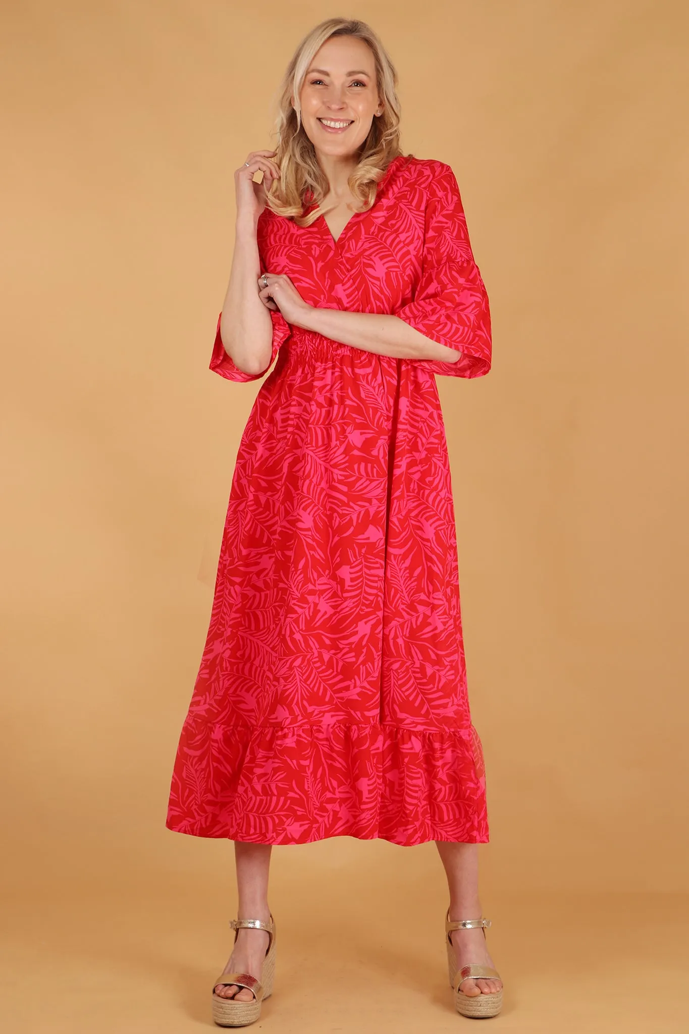 Tropical Leaf Print V-Neck Shirred Maxi Dress with Fluted Sleeves in Red