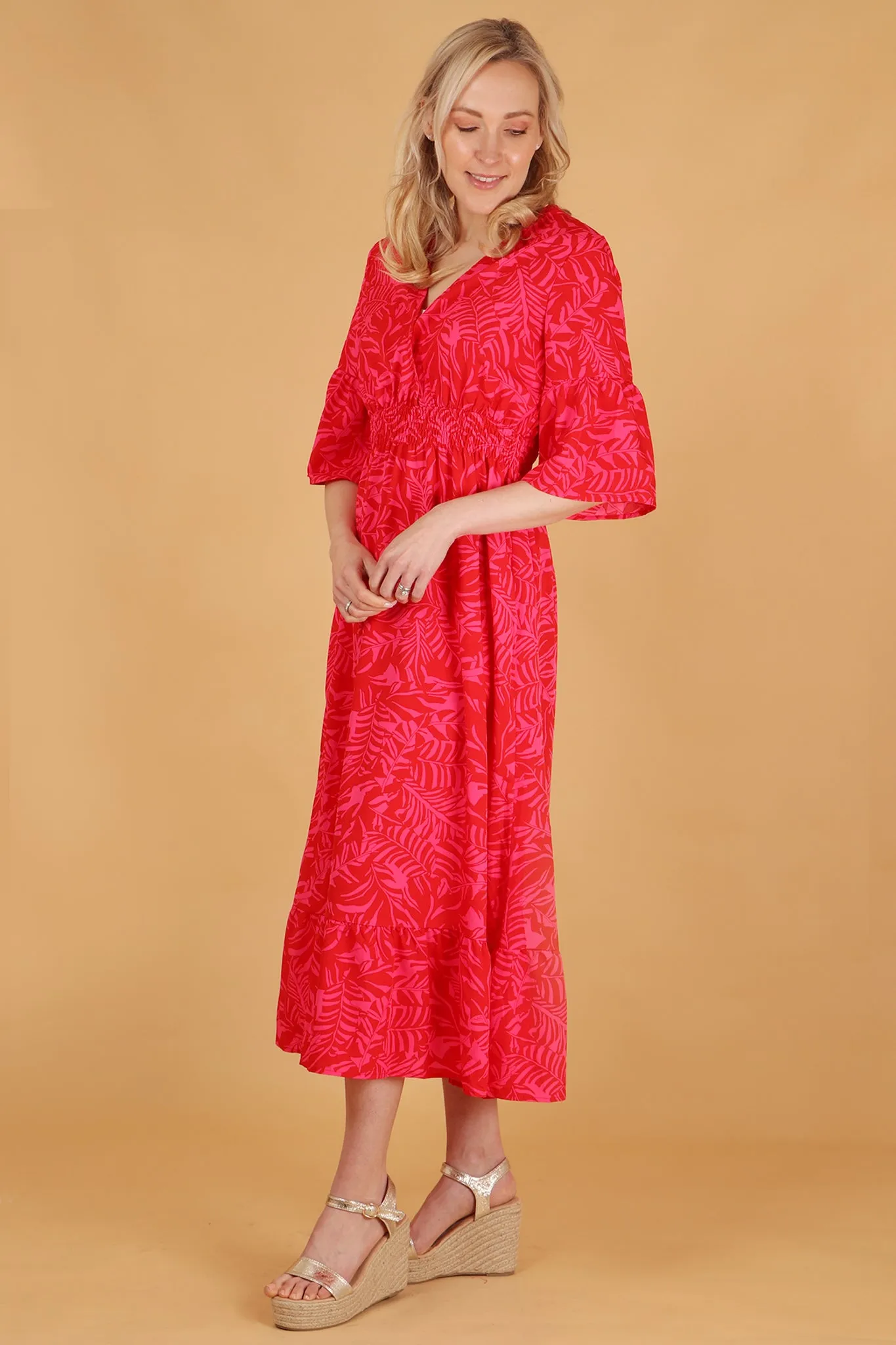 Tropical Leaf Print V-Neck Shirred Maxi Dress with Fluted Sleeves in Red