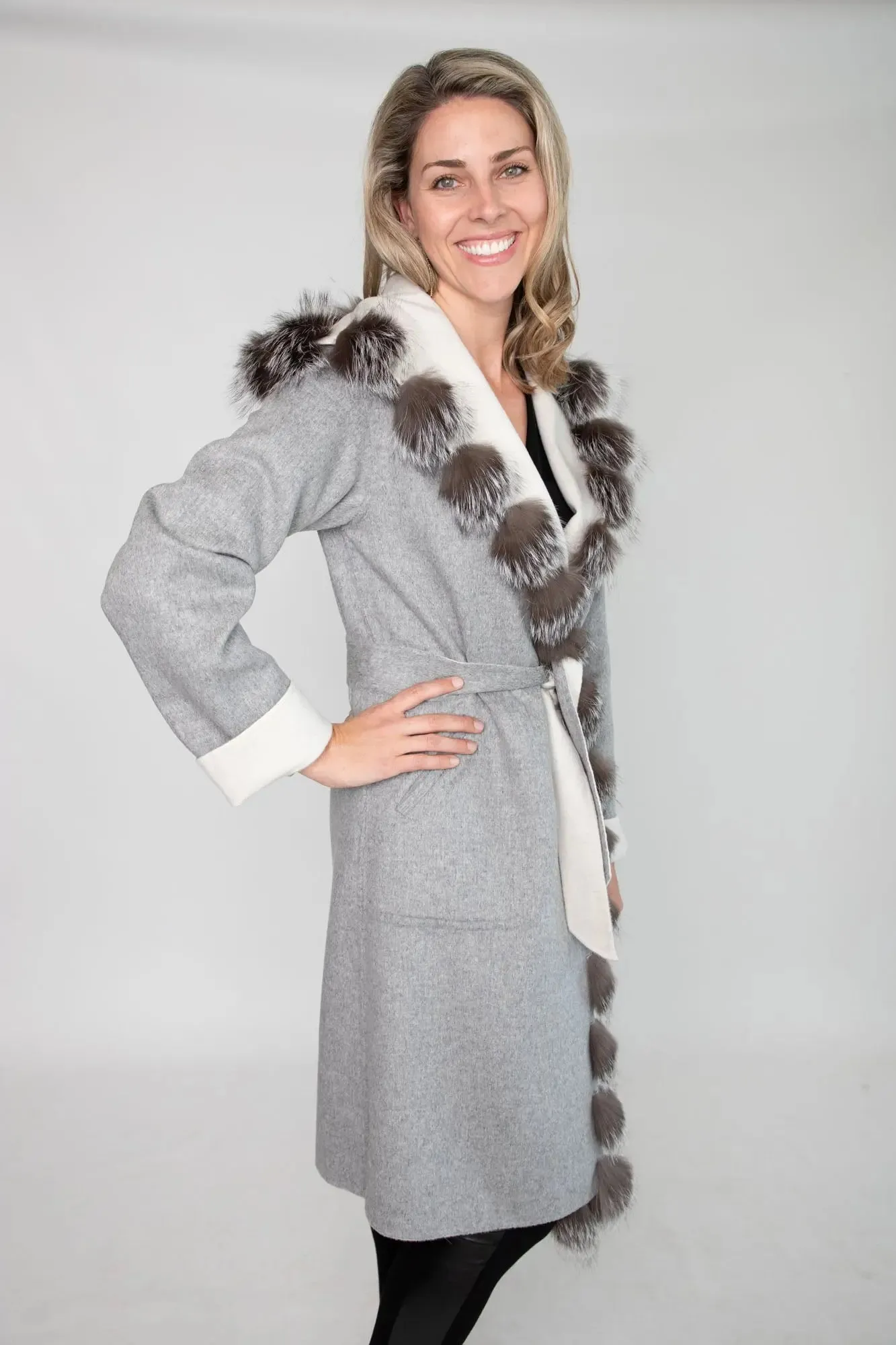 White & Grey 100% Wool Reversible Coat