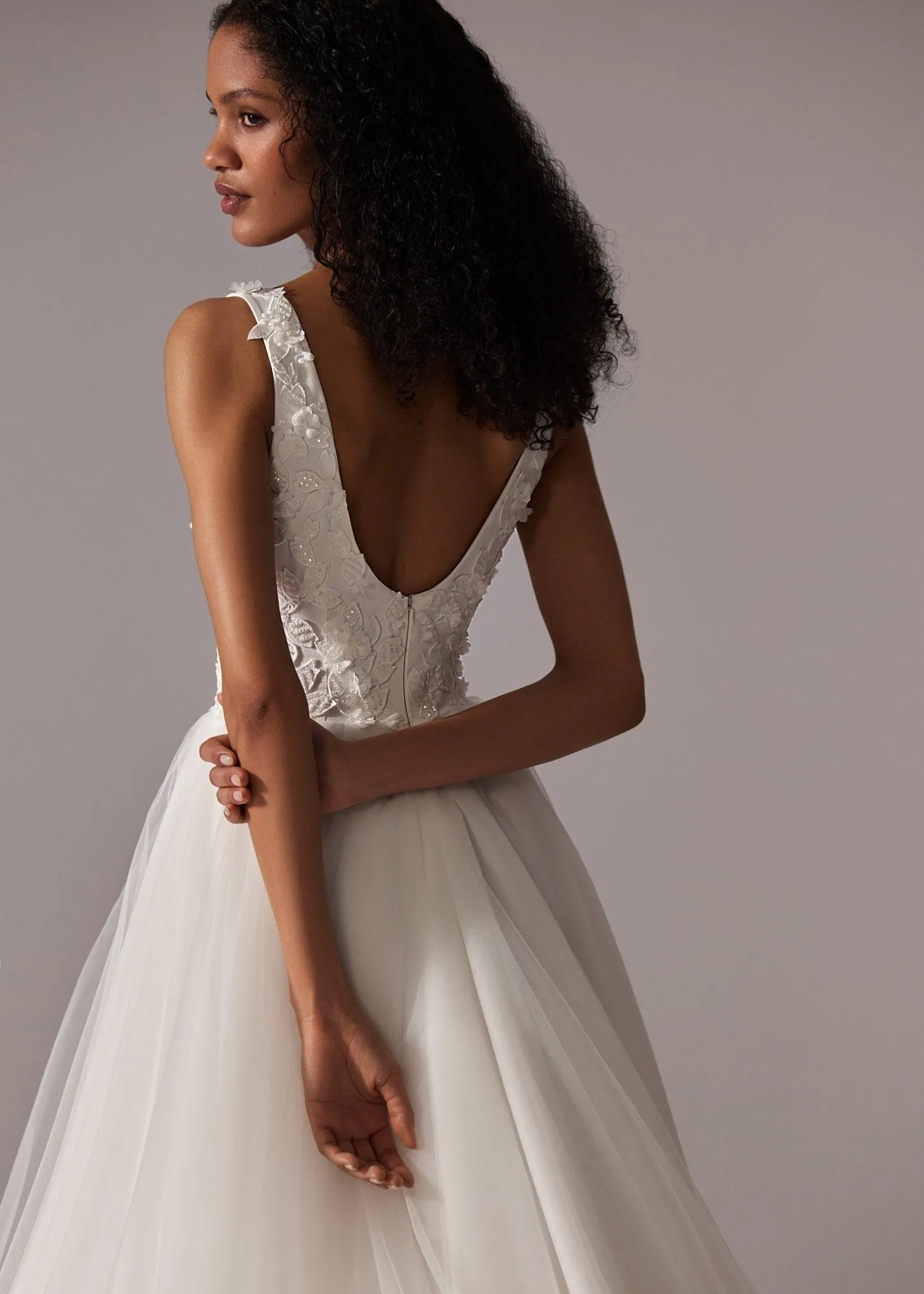 White Plunging V-Neck Wedding Dress with Floral Lace Bodice, High Slit, and Floor-Length Tulle Train - Plus Size