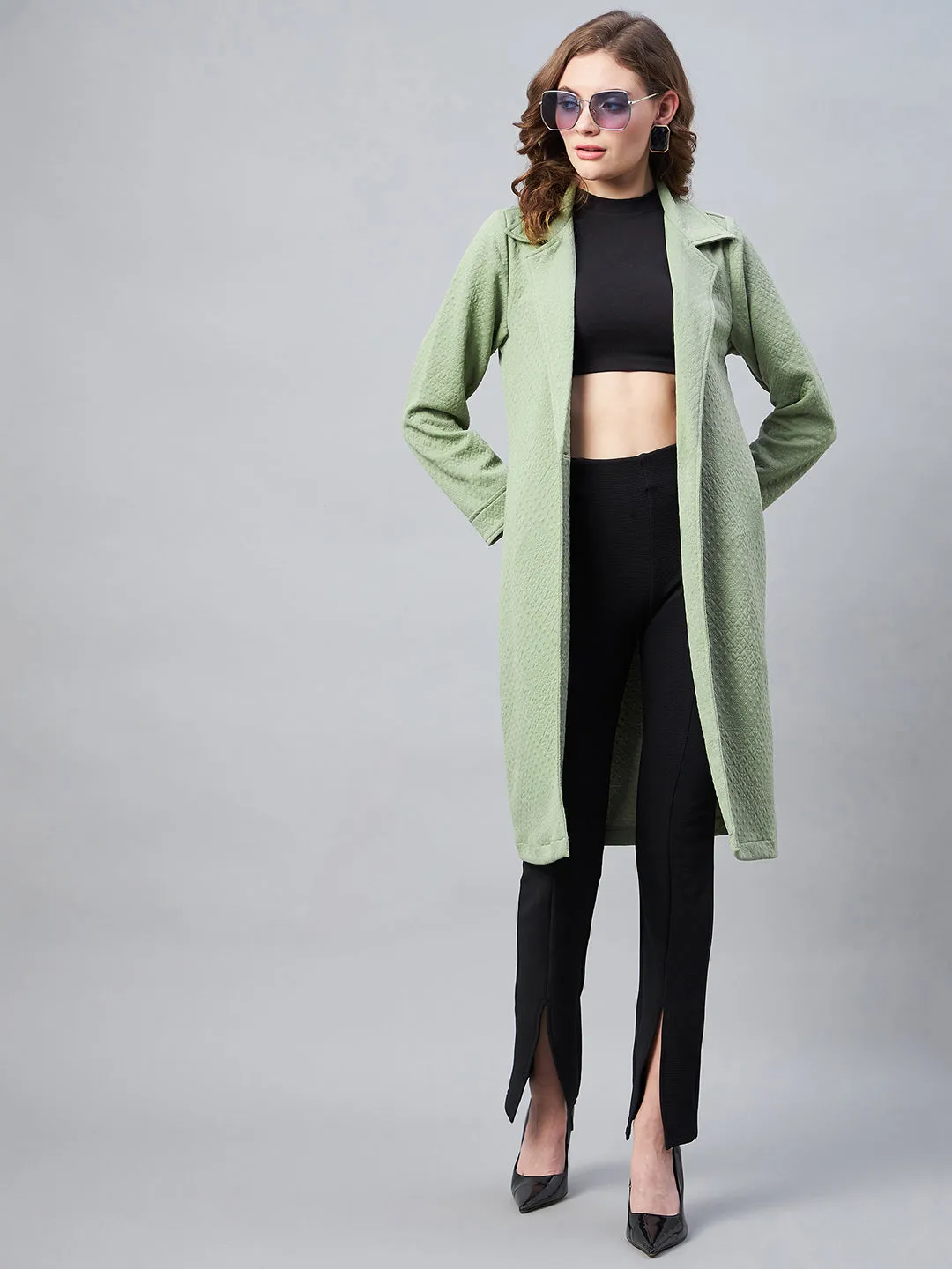Women's Olive Polyester Jacquard Self Design Overcoat - StyleStone