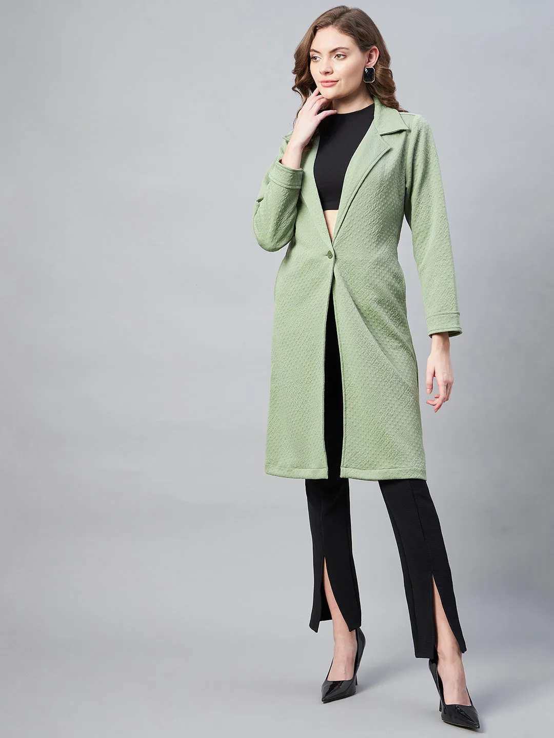 Women's Olive Polyester Jacquard Self Design Overcoat - StyleStone