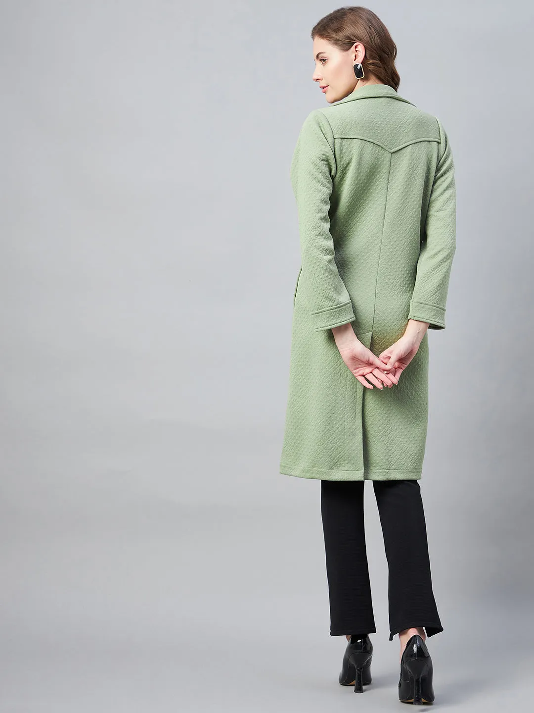 Women's Olive Polyester Jacquard Self Design Overcoat - StyleStone