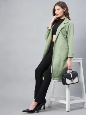 Women's Olive Polyester Jacquard Self Design Overcoat - StyleStone