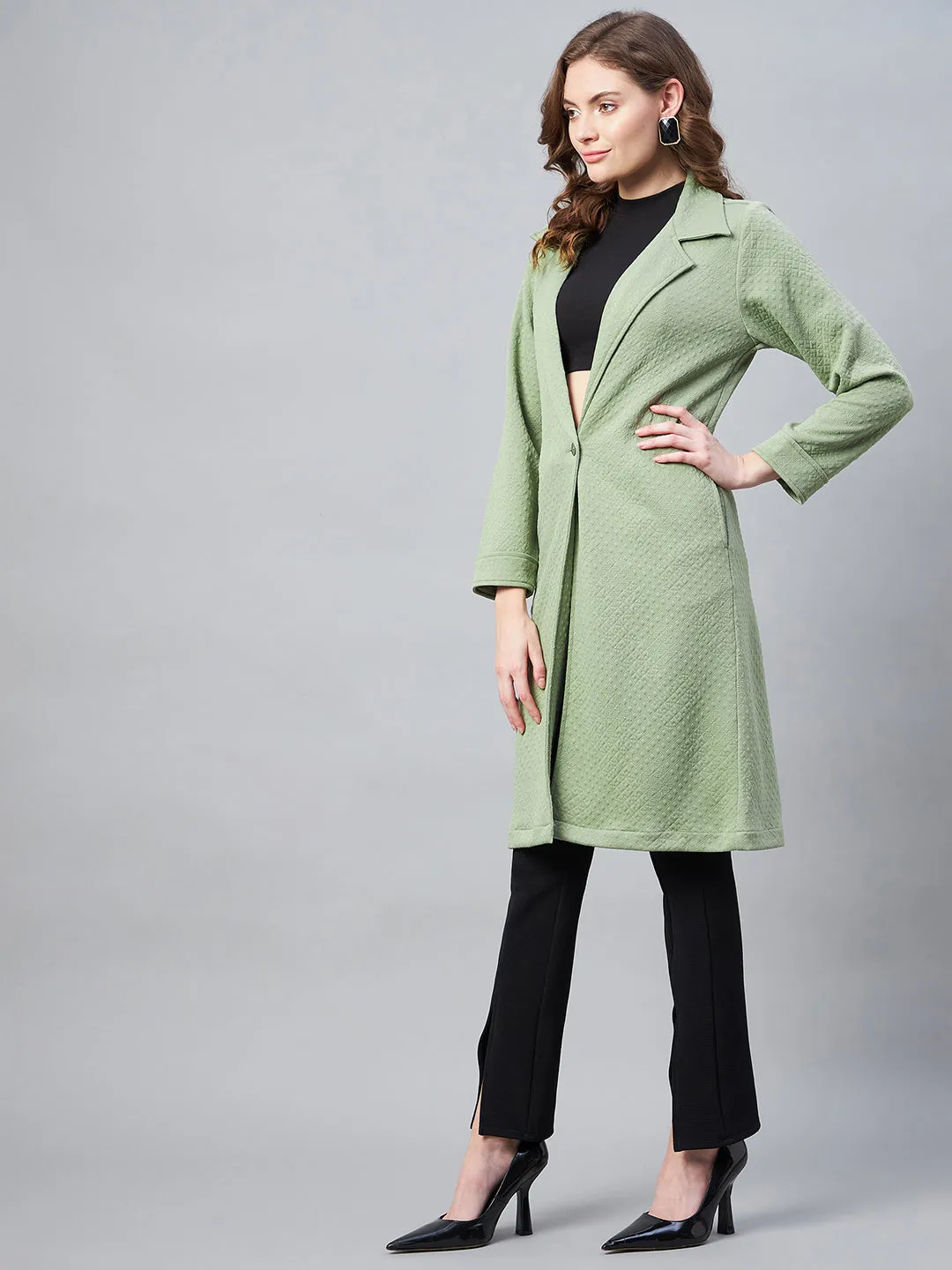 Women's Olive Polyester Jacquard Self Design Overcoat - StyleStone