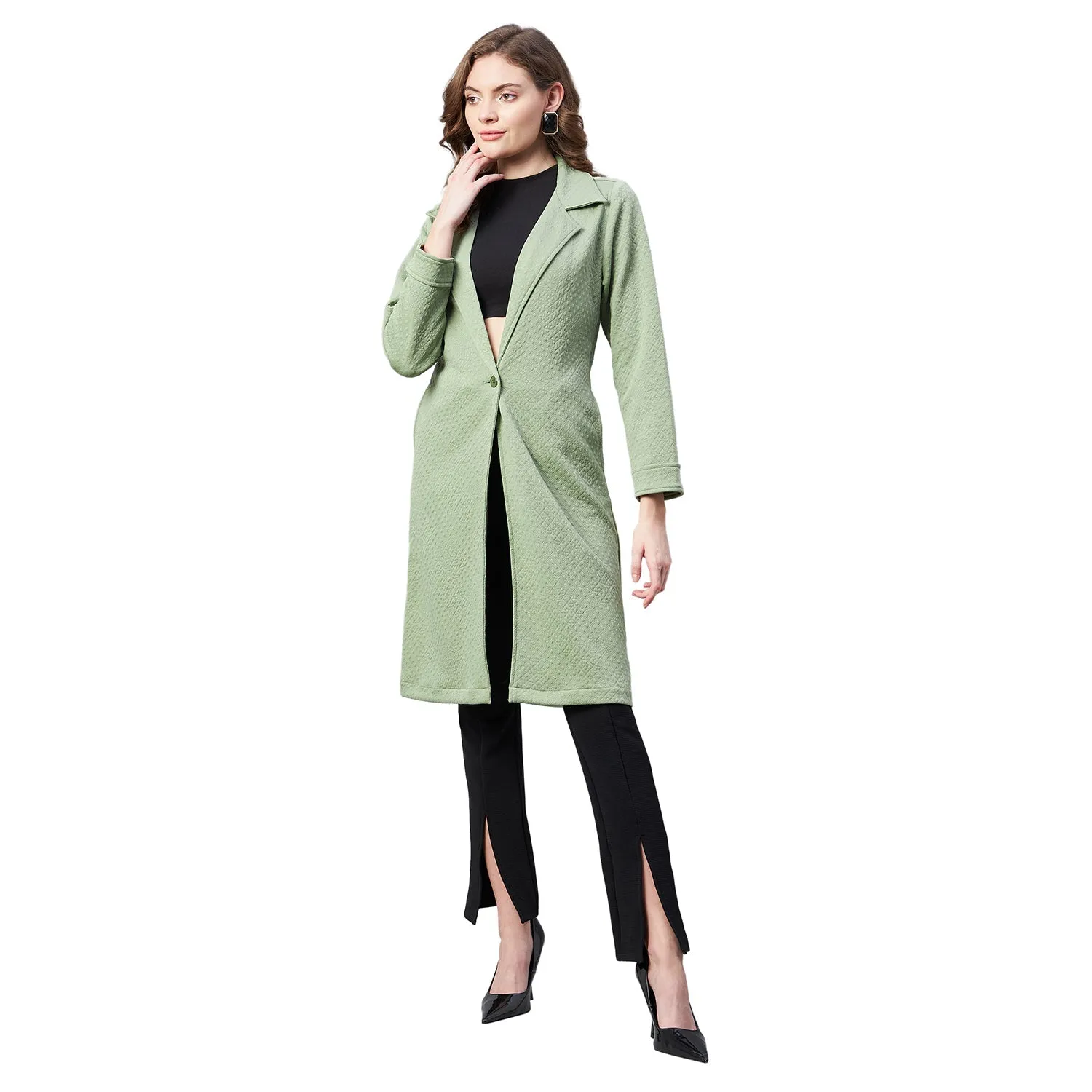 Women's Olive Polyester Jacquard Self Design Overcoat - StyleStone