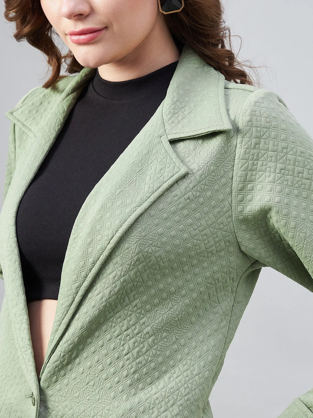 Women's Olive Polyester Jacquard Self Design Overcoat - StyleStone