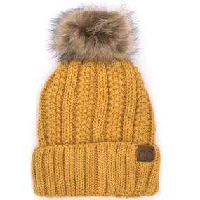 YJ-820 SHERPA LINED BEANIE W/FAUX FUR POM - MUSTARD